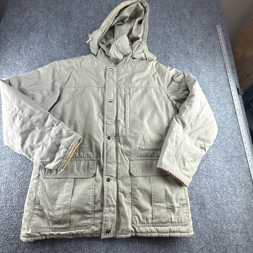 London Towne Mens Tan Khaki Hooded Field Jacket Plaid Flannel Lined Size Medium